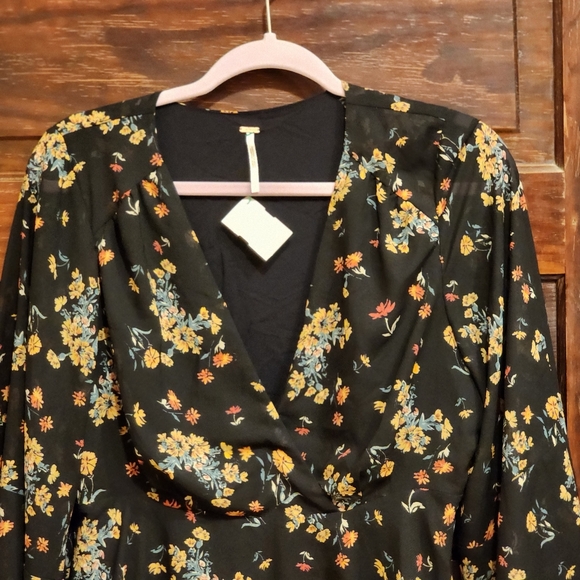 FREE PEOPLE Floral Boho Sundress with Plunge Neckline Bishop Sleeves LILOU LARGE - Picture 6 of 16